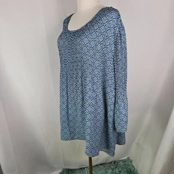 J. Jill Tunic Top XL Blue & Green Floral Paisley Crinkle Flounce Sleeve - Picture 4 of 11